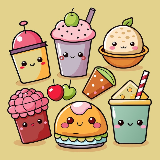 Cute cartoon food characters with smiling faces