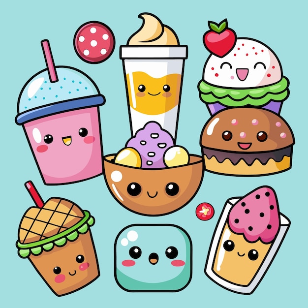 Cute cartoon food and drinks set