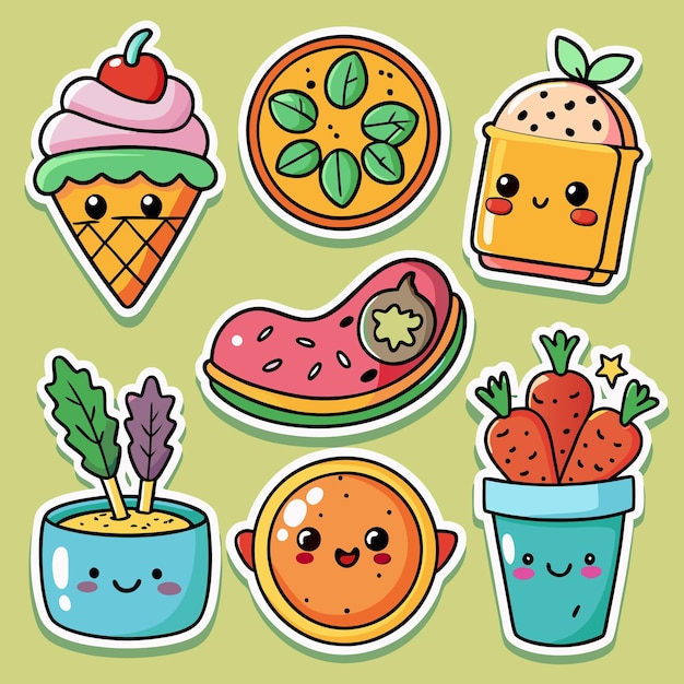 Vector cute cartoon food stickers with smiling faces