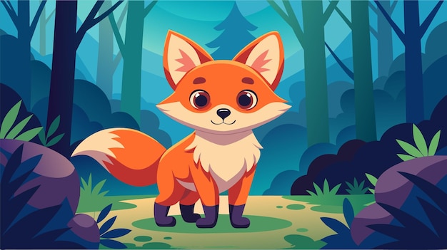 Cute cartoon fox in a lush forest scenery vector illustration for children