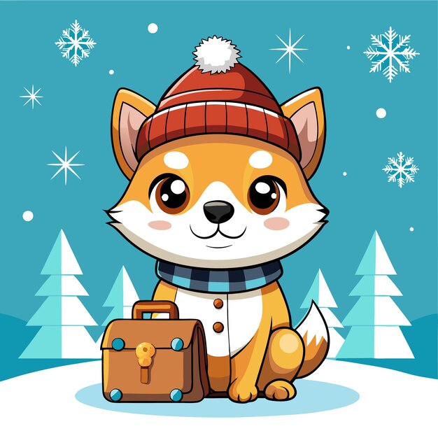 Vector cute cartoon fox wearing a winter hat and scarf holding a briefcase in a snowy landscape