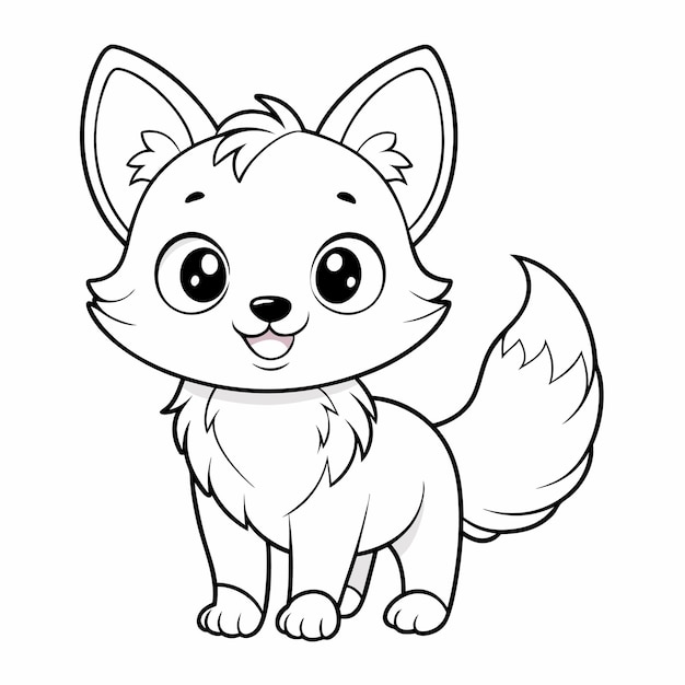 Vector a cute cartoon fox with big eyes and a bushy tail standing on all fours and looking happy