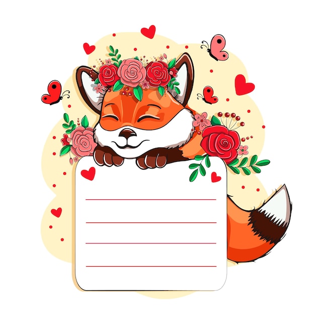 Cute Cartoon Fox with flowers Template for greeting card invitation and other vector illustration