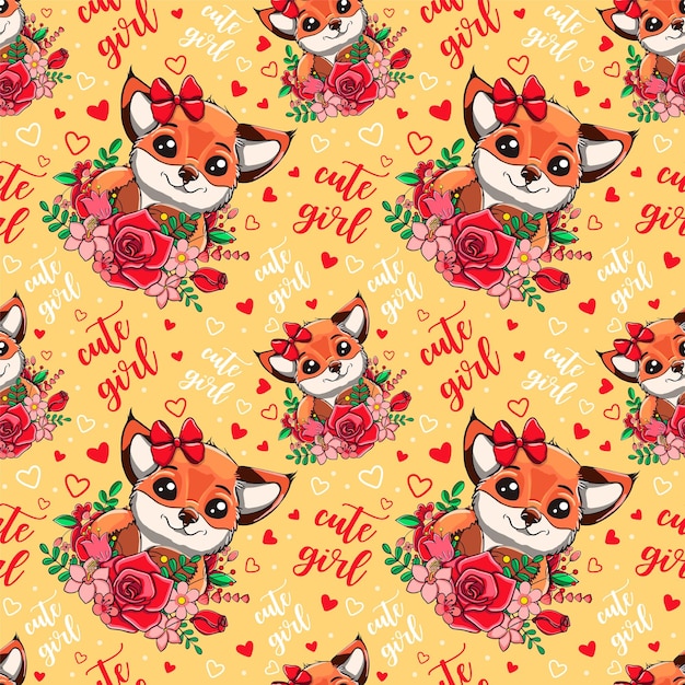 Cute Cartoon Fox with flowers vector seamless pattern