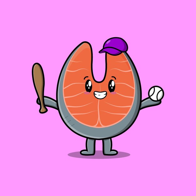 Cute cartoon fresh salmon character playing baseball in modern style design