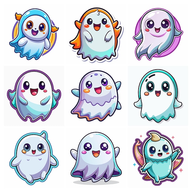 Vector cute cartoon friendly ghost minimal sticker vector art set on white background