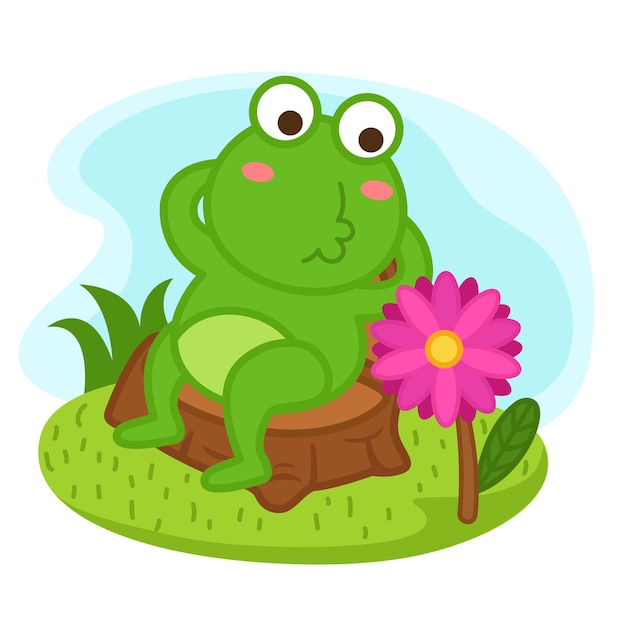 Cute cartoon frog character on white background illustration