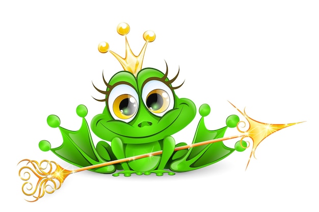 Cute cartoon frog princess girl with gold crown and arrow