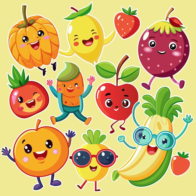 Cute cartoon fruit characters in a cheerful pose with a bright yellow background