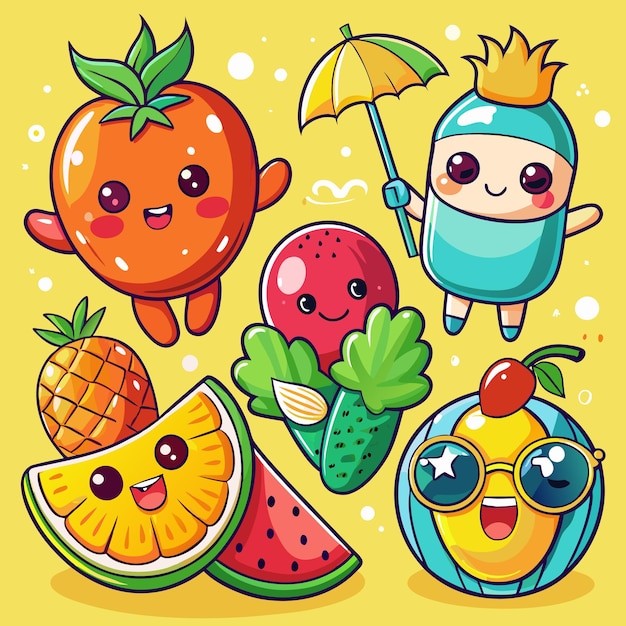 Cute cartoon fruit characters with fun summer designs