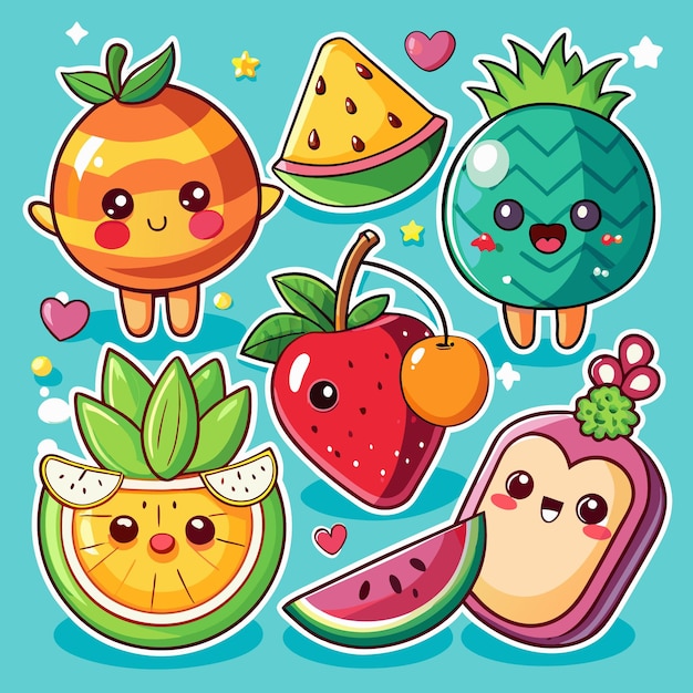 Cute cartoon fruit characters with happy faces