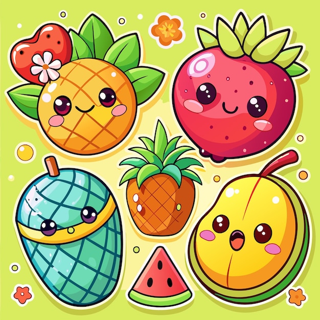 Cute cartoon fruit characters with smiling faces including pineapple strawberry watermelon and mango