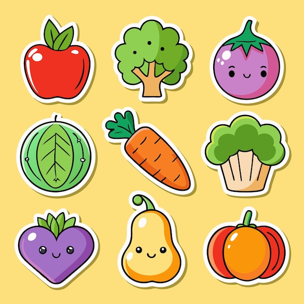 Vector cute cartoon fruit and vegetable stickers with happy faces