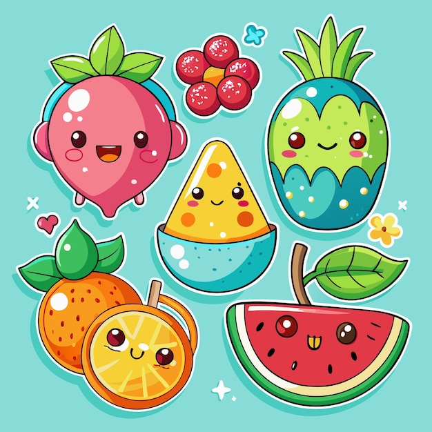 Cute cartoon fruits characters with smiling faces isolated on light blue background