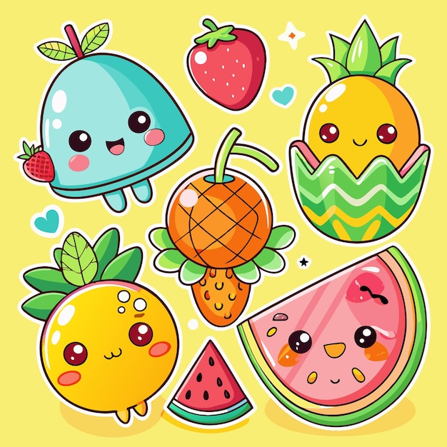 Cute cartoon fruits pineapple watermelon orange and strawberry