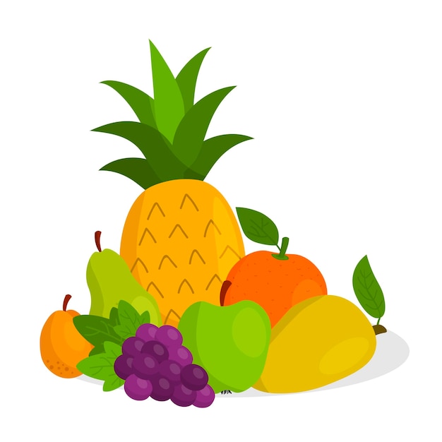 Cute cartoon fruits set in flat style isolated on white background.