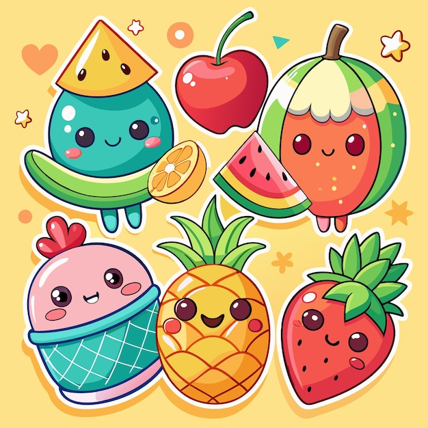 Cute cartoon fruits set with big eyes watermelon pineapple strawberry cherry orange and ice cream cone