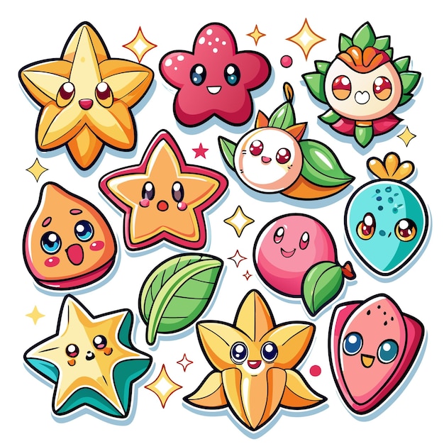 Vector cute cartoon fruits and stars with cheerful expressions