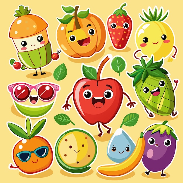 Cute cartoon fruits and vegetables with happy faces