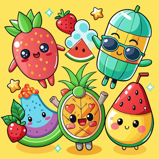 Cute cartoon fruits wearing sunglasses and smiling on yellow background