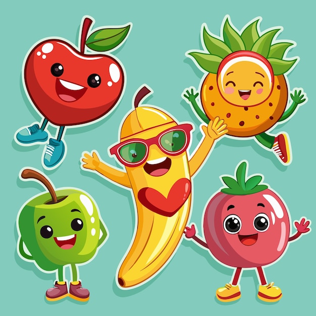 Vector cute cartoon fruits with funny expressions and sunglasses on a turquoise background