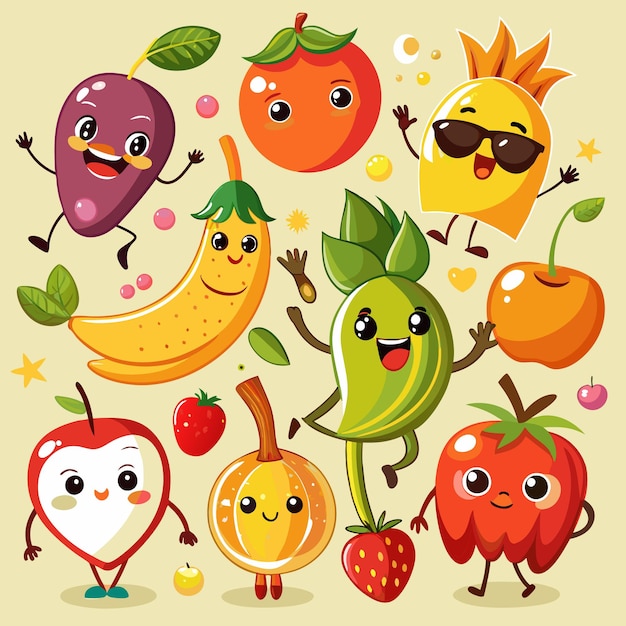 Cute cartoon fruits with funny faces