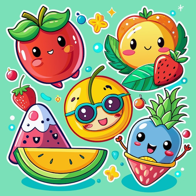 Cute cartoon fruits with smiling faces including apple watermelon pineapple peach and orange