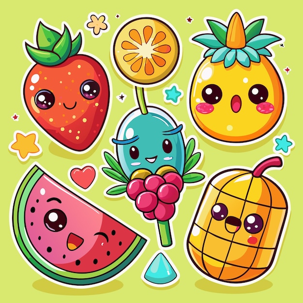 Cute cartoon fruits with smiling faces isolated on green background