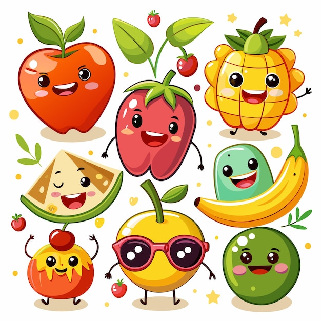 Cute cartoon fruits with smiling faces