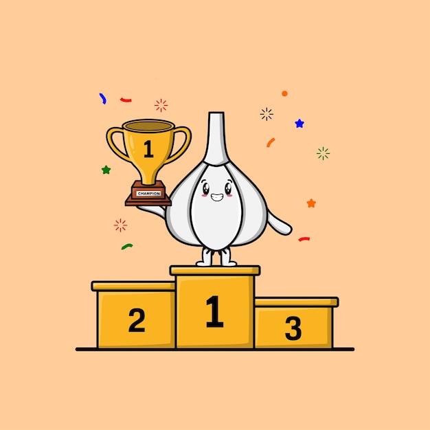 Cute cartoon Garlic character as the first winner with happy expression in modern illustration