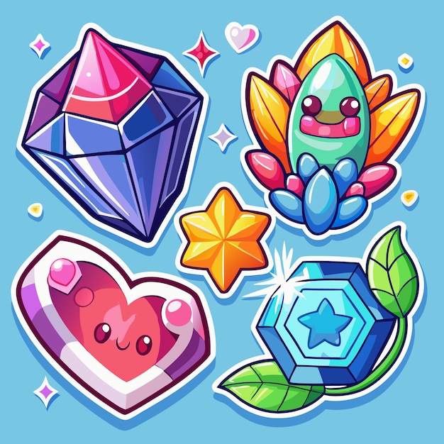 Vector cute cartoon gems and jewels stickers