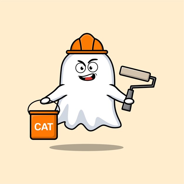 Cute cartoon ghost as a builder character painting in 3d modern style design