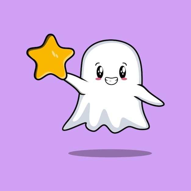 Cute cartoon ghost character holding big golden star in cute modern style design