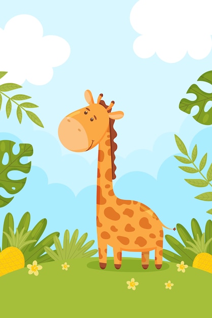 Cute cartoon giraffe on a background of blue sky and nature.  illustration.