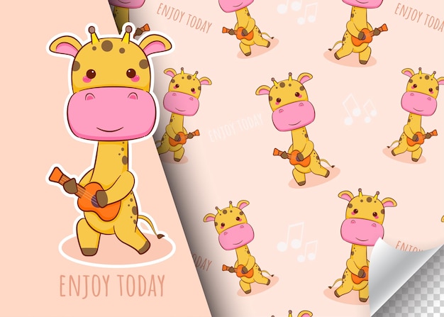 Cute cartoon giraffe character playing guitar. Kids card and seamless background pattern.