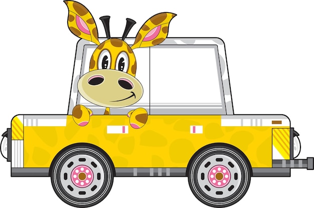 Cute Cartoon Giraffe Character in Yellow Car