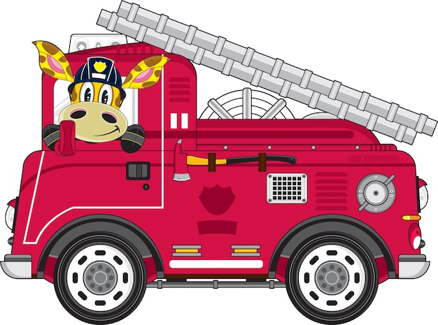  Cute Cartoon Giraffe Fireman and Fire Engine Emergency Services Illustration