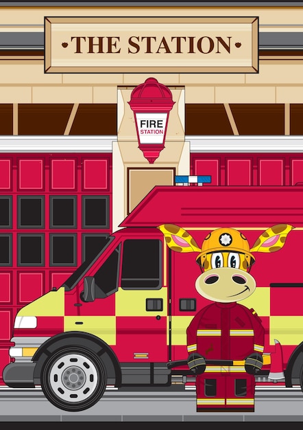  Cute Cartoon Giraffe Fireman and Fire Engine Emergency Services Illustration