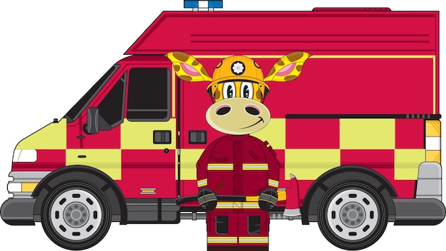  Cute Cartoon Giraffe Fireman and Fire Truck Emergency Services Illustration