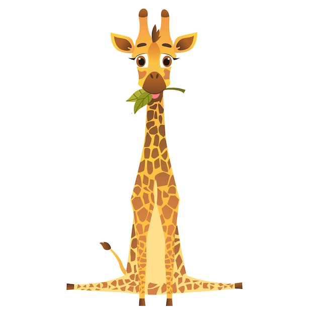 Cute cartoon giraffe Vector illustration on white isolated background Giraffe eating leaves