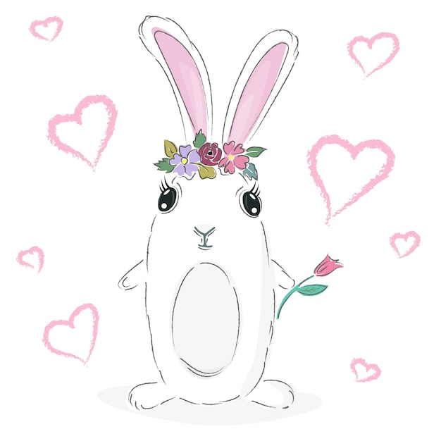 Cute cartoon girl baby bunny funny white rabbit with flowers and hearts vector illustration