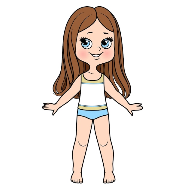 Vector cute cartoon girl dressed in underwear and barefoot with long straight hair color variation on a white background