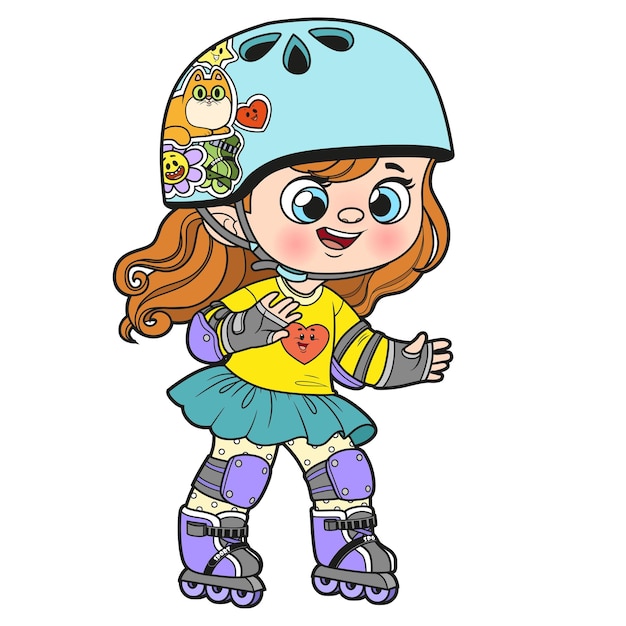 Vector cute cartoon girl in a helmet and wearing protective gear on roller skates forward on white background