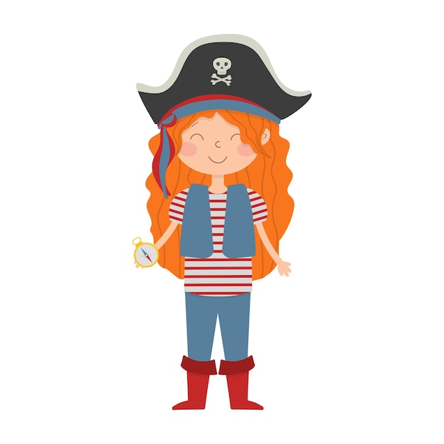 Cute cartoon girl pirate, in a pirate hat and with a compass in her hand.