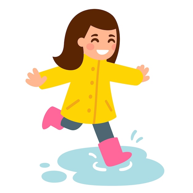 Cute cartoon girl in raincoat and rubber boots jumping in puddles. Happy kid playing in the rain. Flat style vector illustration.