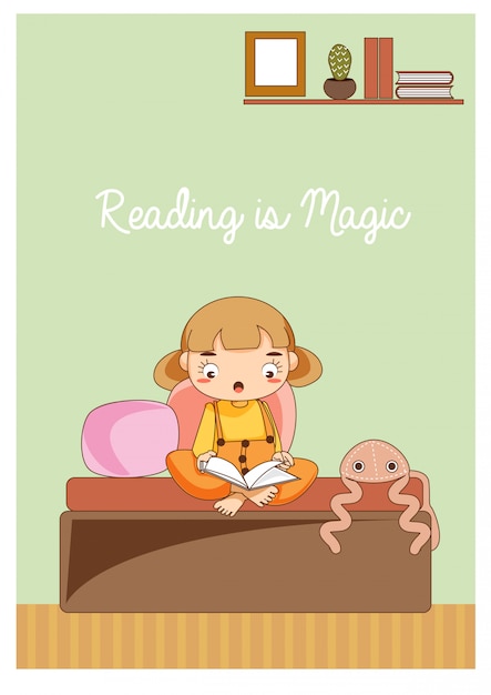 Cute cartoon girl reading book in kid room