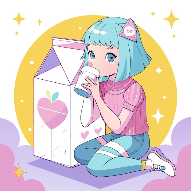 Vector cute cartoon girl with blue hair drinking from a carton of milk