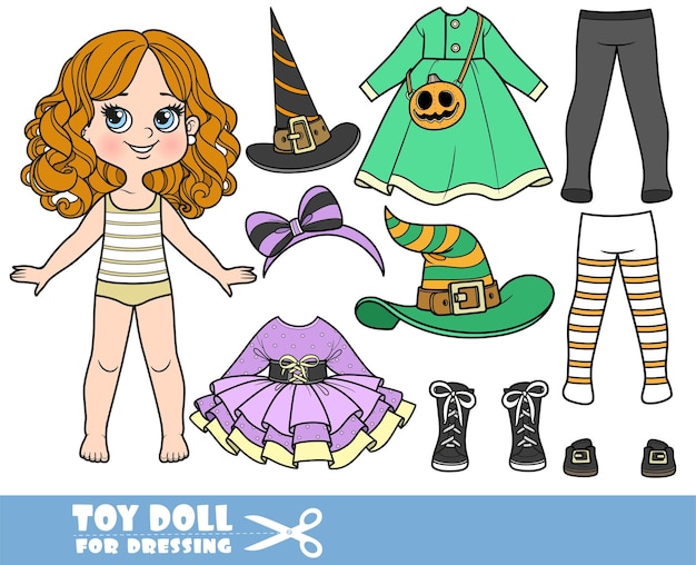 Cute cartoon girl with Halloween witch costume constructor with hats dresses tights and boots