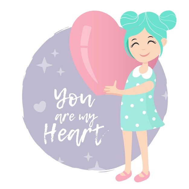 Cute cartoon girl with heart valentine's day card save the date greeting card Vector illustration character design