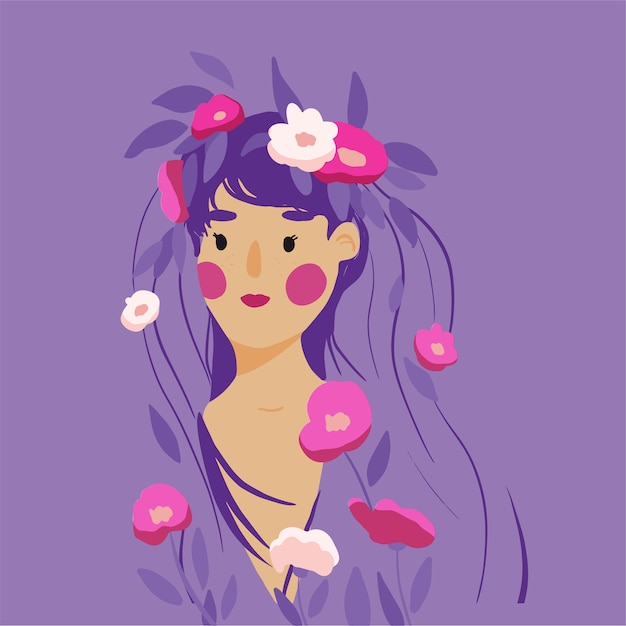 Cute cartoon girl with long hair and flowers wreath.